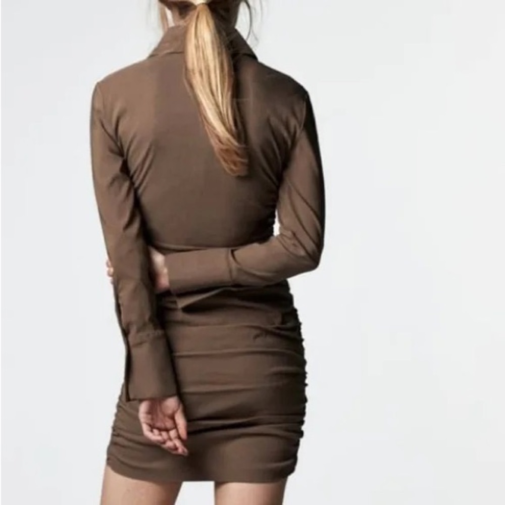 NWOT - ZARA COLLARED BUTTON UP RUCHED DRESS - Picture 4 of 6